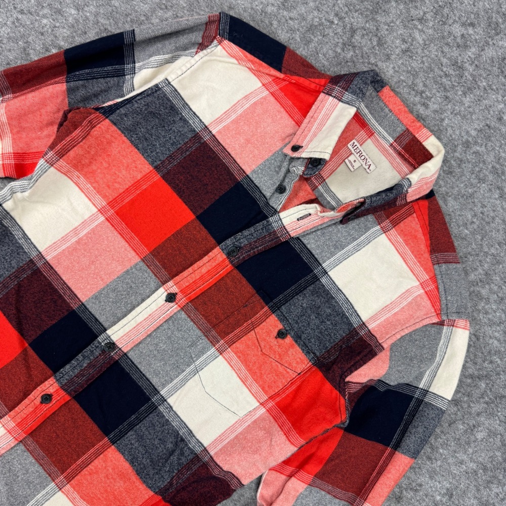 Merona Womens Small Flannel Button Down Shirt Red Navy Blue White Plaid Cotton
